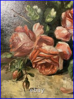 Ancienne huile sur toile signée A. Daens bouquet de roses étendu sur une table