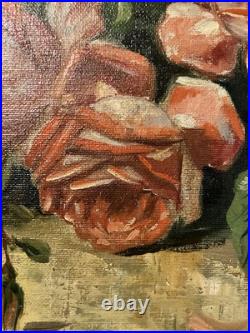 Ancienne huile sur toile signée A. Daens bouquet de roses étendu sur une table