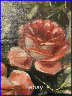 Ancienne huile sur toile signée A. Daens bouquet de roses étendu sur une table