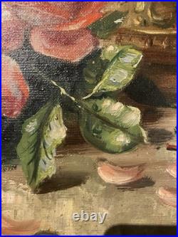 Ancienne huile sur toile signée A. Daens bouquet de roses étendu sur une table