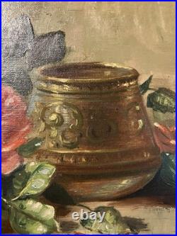 Ancienne huile sur toile signée A. Daens bouquet de roses étendu sur une table