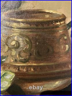 Ancienne huile sur toile signée A. Daens bouquet de roses étendu sur une table