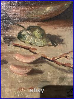 Ancienne huile sur toile signée A. Daens bouquet de roses étendu sur une table