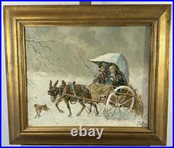 Ancienne huile sur toile signée thème enfance personnages dans une calèche