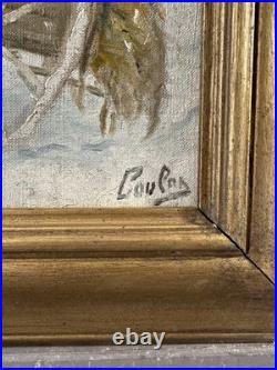 Ancienne huile sur toile signée thème enfance personnages dans une calèche