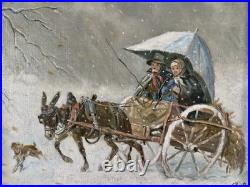 Ancienne huile sur toile signée thème enfance personnages dans une calèche