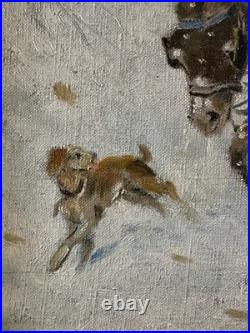 Ancienne huile sur toile signée thème enfance personnages dans une calèche