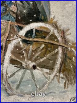 Ancienne huile sur toile signée thème enfance personnages dans une calèche