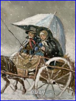 Ancienne huile sur toile signée thème enfance personnages dans une calèche
