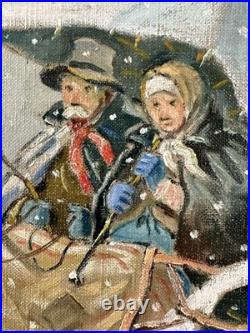 Ancienne huile sur toile signée thème enfance personnages dans une calèche