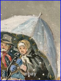 Ancienne huile sur toile signée thème enfance personnages dans une calèche