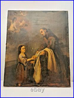 Ancienne peinture, HST, religieux offrant du pain à un enfant