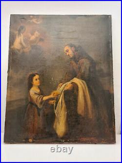 Ancienne peinture, HST, religieux offrant du pain à un enfant