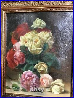 Ancienne peinture huile sur toile bouquet de fleurs signée