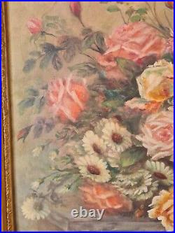 Ancienne peinture huile sur toile encadrée, bouquet de fleurs, signée