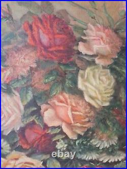 Ancienne peinture huile sur toile encadrée, bouquet de fleurs, signée
