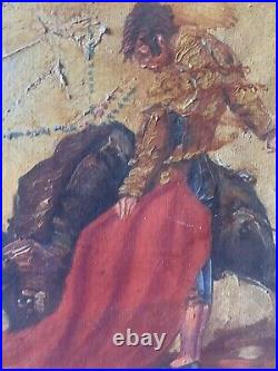 Ancienne peinture huile sur toile scène de corrida signé à identifier