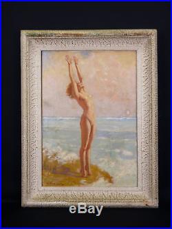 Anna-Marie ARMAND(XX)Huile sur toile période art deco Nu au bord de mer Nude nue
