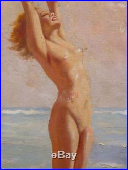 Anna-Marie ARMAND(XX)Huile sur toile période art deco Nu au bord de mer Nude nue