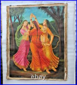 Antique Huile Peinture Sur Toile 3 Danse Femme Village Scène Artiste Fin Art