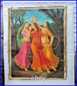 Antique Huile Peinture Sur Toile 3 Danse Femme Village Scène Artiste Fin Art