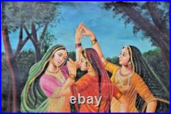 Antique Huile Peinture Sur Toile 3 Danse Femme Village Scène Artiste Fin Art