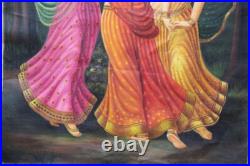 Antique Huile Peinture Sur Toile 3 Danse Femme Village Scène Artiste Fin Art