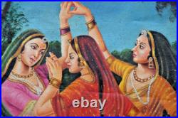 Antique Huile Peinture Sur Toile 3 Danse Femme Village Scène Artiste Fin Art