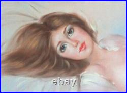 Art Peinture Huile sur toile J. Reming Femme nue allongée Sensuelle Yeux bleus O