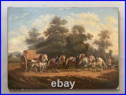Attelage au repos, huile sur toile, tableau ancien, peinture, XIXe