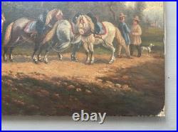 Attelage au repos, huile sur toile, tableau ancien, peinture, XIXe