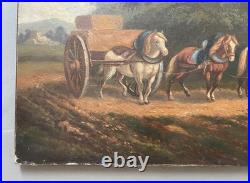 Attelage au repos, huile sur toile, tableau ancien, peinture, XIXe