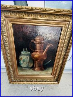 BOSC Nature morte aux cuivres et à la porcelaine, huile sur toile et cadre
