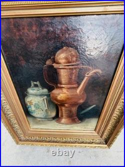 BOSC Nature morte aux cuivres et à la porcelaine, huile sur toile et cadre