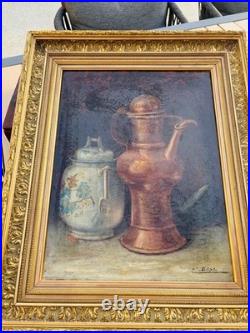 BOSC Nature morte aux cuivres et à la porcelaine, huile sur toile et cadre