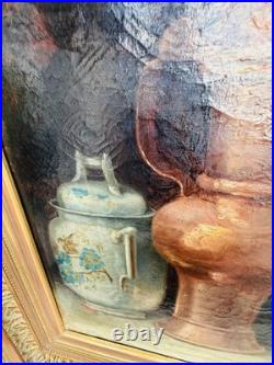 BOSC Nature morte aux cuivres et à la porcelaine, huile sur toile et cadre