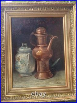 BOSC Nature morte aux cuivres et à la porcelaine, huile sur toile et cadre