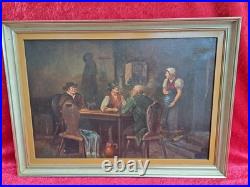 Beau Ancien Tableau À L'huile Sur Toile Signé In der Wirtschaft
