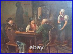 Beau Ancien Tableau À L'huile Sur Toile Signé In der Wirtschaft