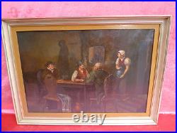Beau Ancien Tableau À L'huile Sur Toile Signé In der Wirtschaft