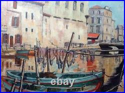 Beau Tableau Marine Barques sur le Canal Saint Sebastien à Martigues Huile signé