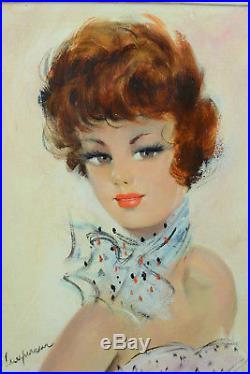 Beau tableau ancien Portrait jeune femme Rousse Foulard Lempereur1950 Parisienne
