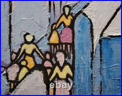 Belle Huile Sur Toile Au Couteau Scène De Vie Au Village Année 60