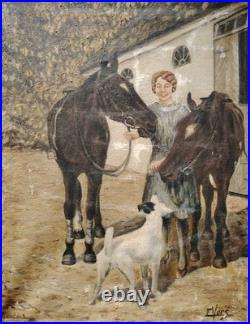 Belle Huile Sur Toile Chevaux Chien Au Paddock Box DébutXXEME École Hollandaise