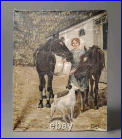 Belle Huile Sur Toile Chevaux Chien Au Paddock Box DébutXXEME École Hollandaise