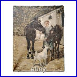 Belle Huile Sur Toile Chevaux Chien Au Paddock Box DébutXXEME École Hollandaise