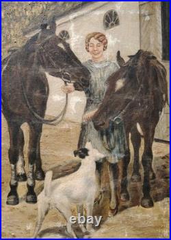Belle Huile Sur Toile Chevaux Chien Au Paddock Box DébutXXEME École Hollandaise