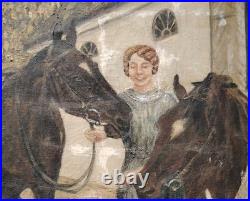 Belle Huile Sur Toile Chevaux Chien Au Paddock Box DébutXXEME École Hollandaise