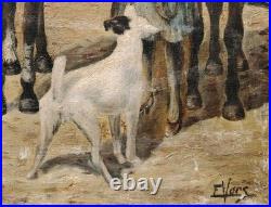 Belle Huile Sur Toile Chevaux Chien Au Paddock Box DébutXXEME École Hollandaise