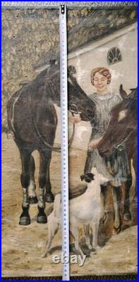 Belle Huile Sur Toile Chevaux Chien Au Paddock Box DébutXXEME École Hollandaise